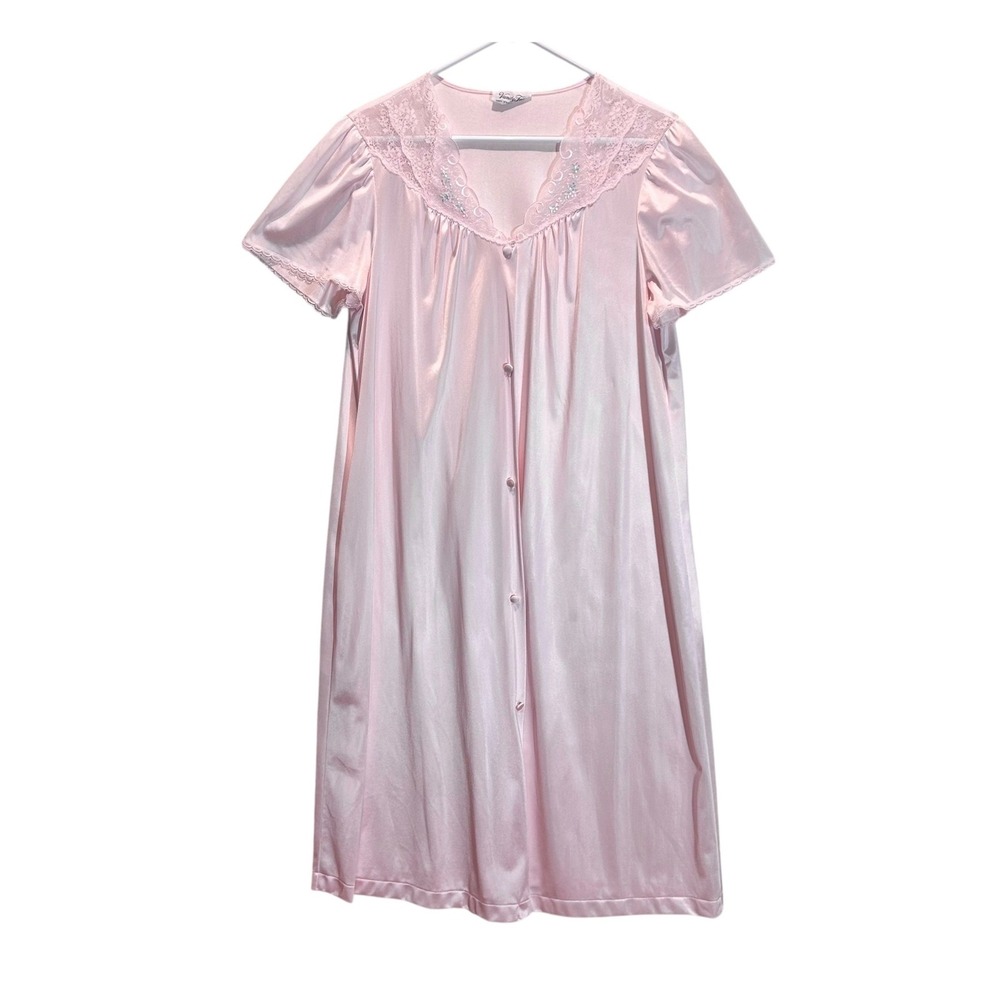Vintage Vanity Fair Robe Duster Nightgown Pink Nylon Lace Floral Embroidered L